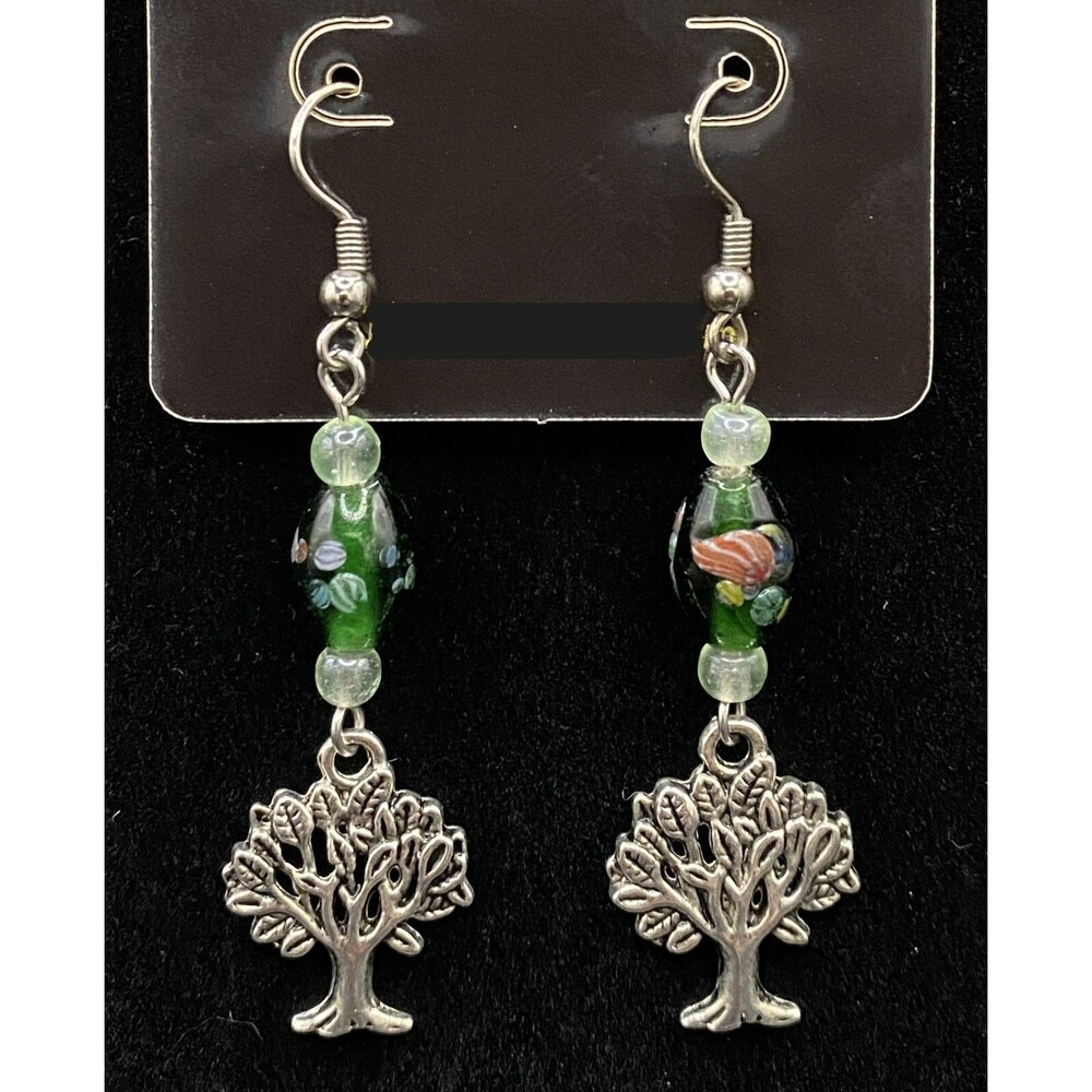Handmade Tree Of Life & Green Glass Bead Earrings by Neanie-Bot